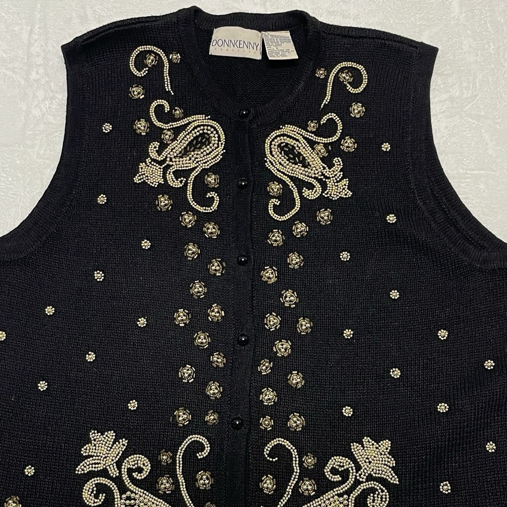 Vtg Donnkenny Embroidered Button Vest Sweater Womens L Beads Pockets Party Y2K - Picture 9 of 11